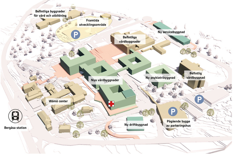 Översiktsbild som visar förslaget på hur sjukhusområdet i Karlskrona kan utvecklas. 